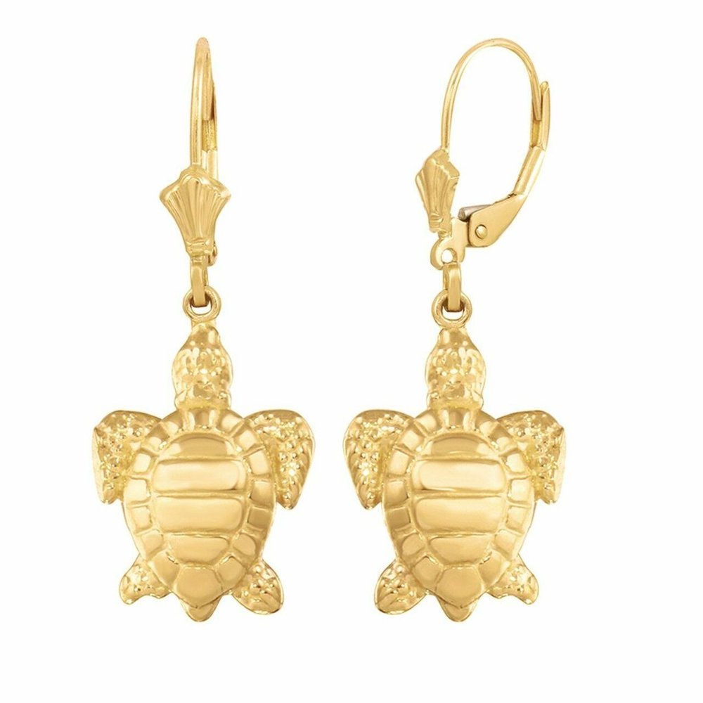 14K Solid Gold Sea Turtle Drop Leverback Earrings